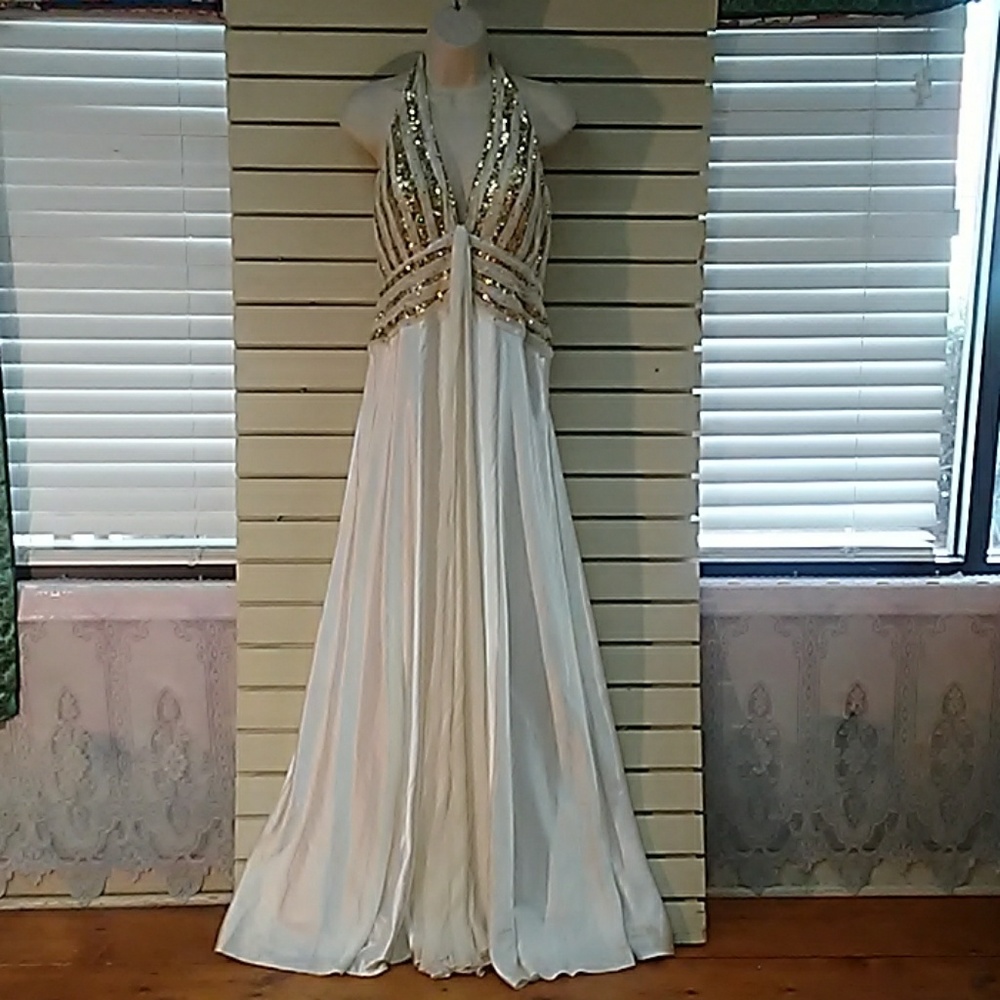White with gold sequined trim backless formal